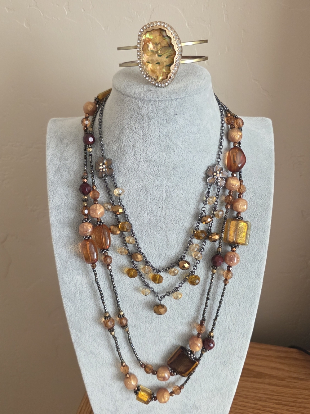 Jewelry Bundle: 2 Necklaces & 1 Hinge Bracelet Amber Tones